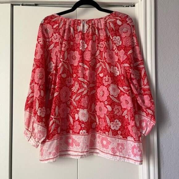 Talbots Floral Blouse Peasant Top 3/4 Sleeve Button Red Pink Large Petite - Picture 2 of 4